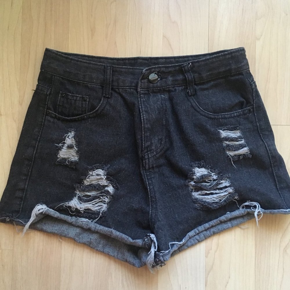 Distressed High Waisted Black Shorts